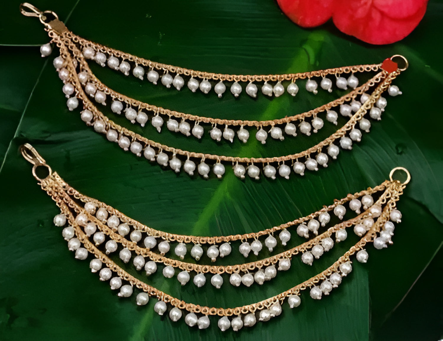 Jewel City Elegant Pearl Ear Chain Earrings Traditional Indian Bahubali Kaan Chain | Ethnic Handcrafted Gold-Plated Bridal Jewelry | Grocsy