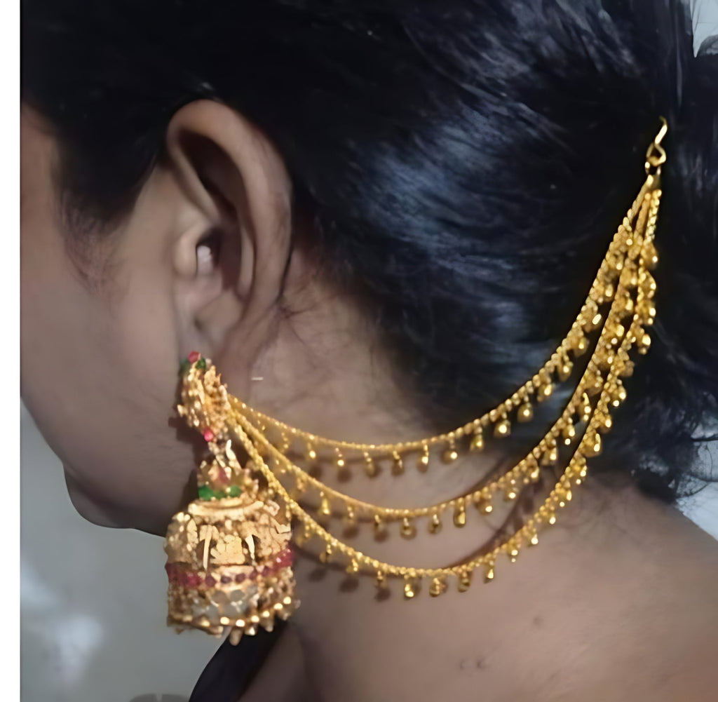 Jewel City Antique Gold Temple Jhumka Earrings - Traditional South Indian Wedding Jewelry Set with Ear Chain | Grocsy