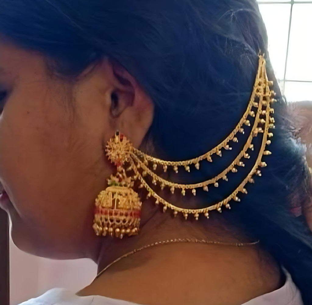 Jewel City Antique Gold Temple Jhumka Earrings - Traditional South Indian Wedding Jewelry Set with Ear Chain | Grocsy