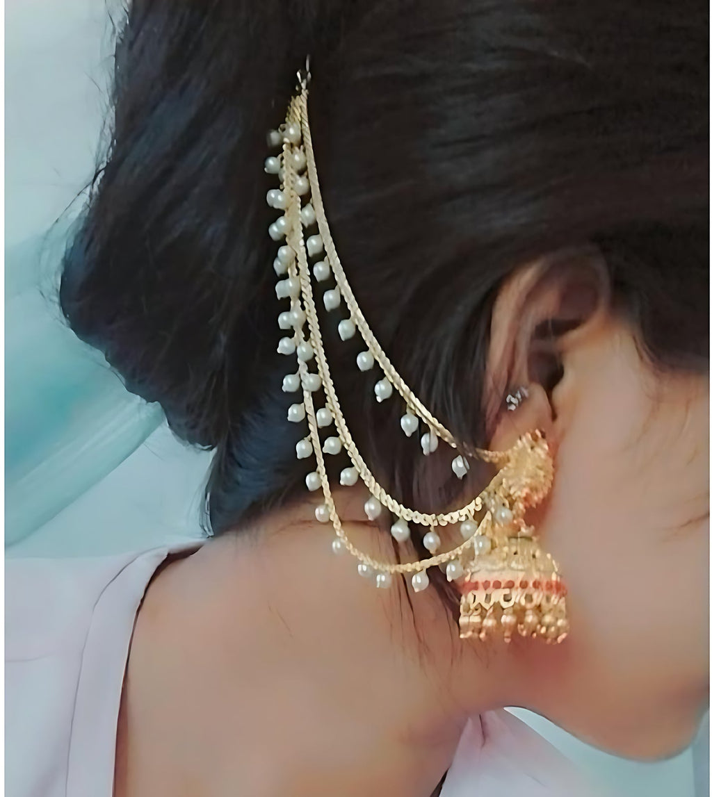 Jewel City Temple Lakshmi Design Jhumka with Pearl Ear Chain - Antique Gold South Indian Traditional Earring | Grocsy