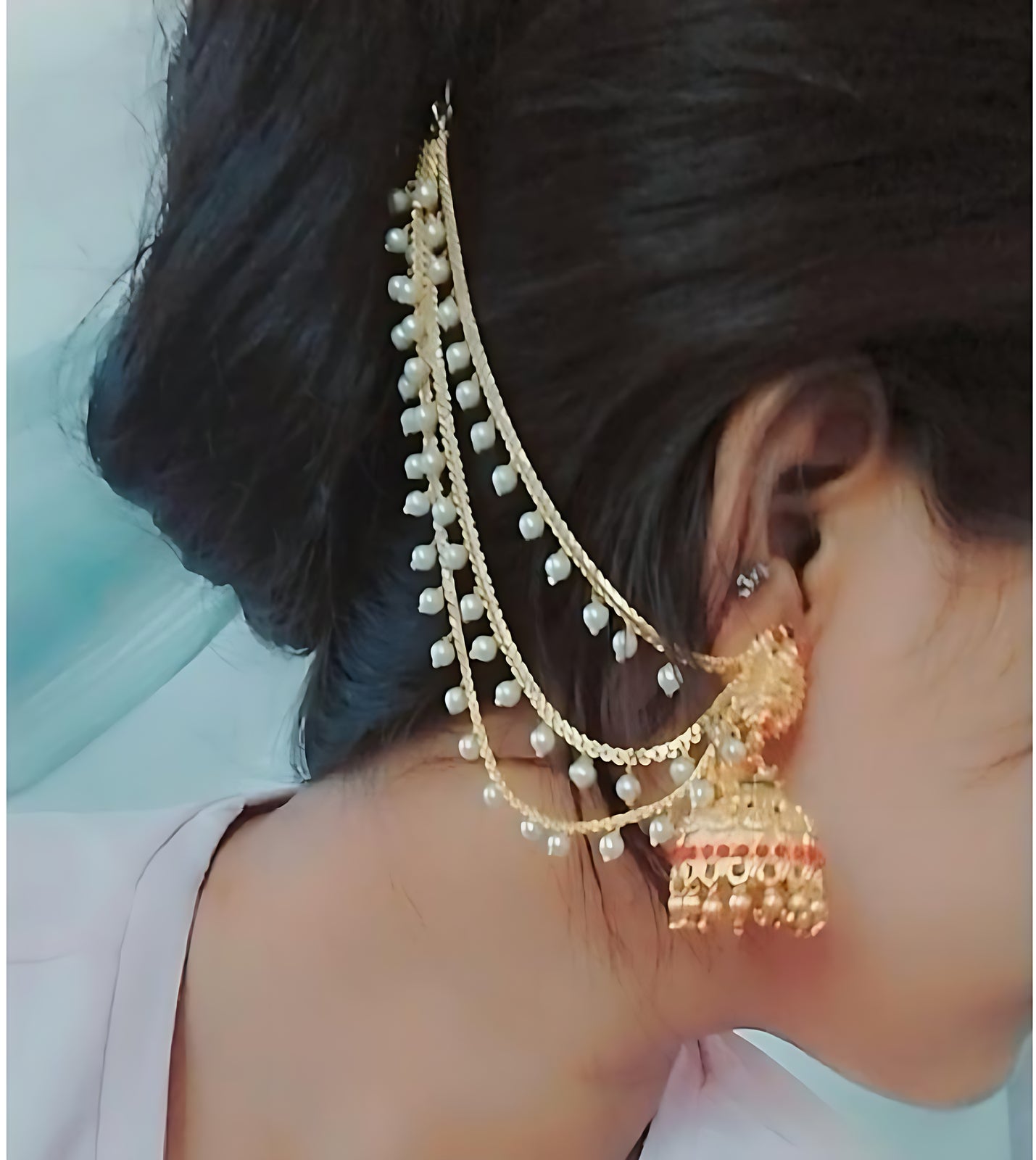 Jewel City Temple Lakshmi Design Jhumka with Pearl Ear Chain - Antique Gold South Indian Traditional Earring | Grocsy