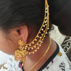 Jewel City Temple Lakshmi Design Jhumka with Pearl Ear Chain - Antique Gold South Indian Traditional Earring | Grocsy