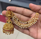 Jewel City Temple Lakshmi Design Jhumka with Pearl Ear Chain - Antique Gold South Indian Traditional Earring | Grocsy