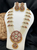 Jewel City Traditional Gold-Plated Pearl Kundan Bridal Necklace Set with Earrings | Ethnic Multi-Layered Rani Haar Jewelry | Grocsy