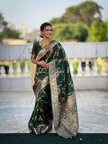 Vedant Vastram Soft Litchi Silk Banarasi Silk Jacquard Saree - Green | Grocsy