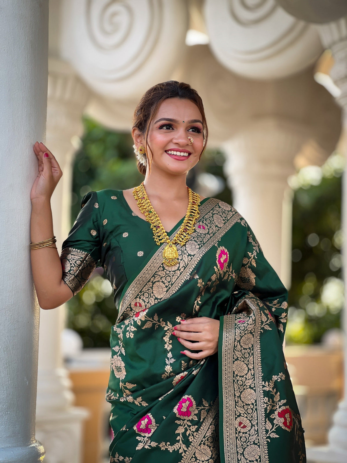 Vedant Vastram Soft Litchi Silk Banarasi Silk Jacquard Saree - Green | Grocsy