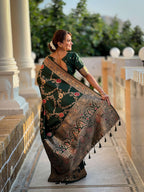 Vedant Vastram Soft Litchi Silk Banarasi Silk Jacquard Saree - Green | Grocsy
