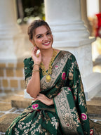 Vedant Vastram Soft Litchi Silk Banarasi Silk Jacquard Saree - Green | Grocsy