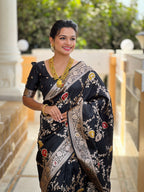 Vedant Vastram Soft Litchi Silk Banarasi Silk Jacquard Saree - Black | Grocsy