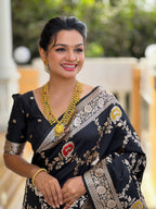 Vedant Vastram Soft Litchi Silk Banarasi Silk Jacquard Saree - Black | Grocsy
