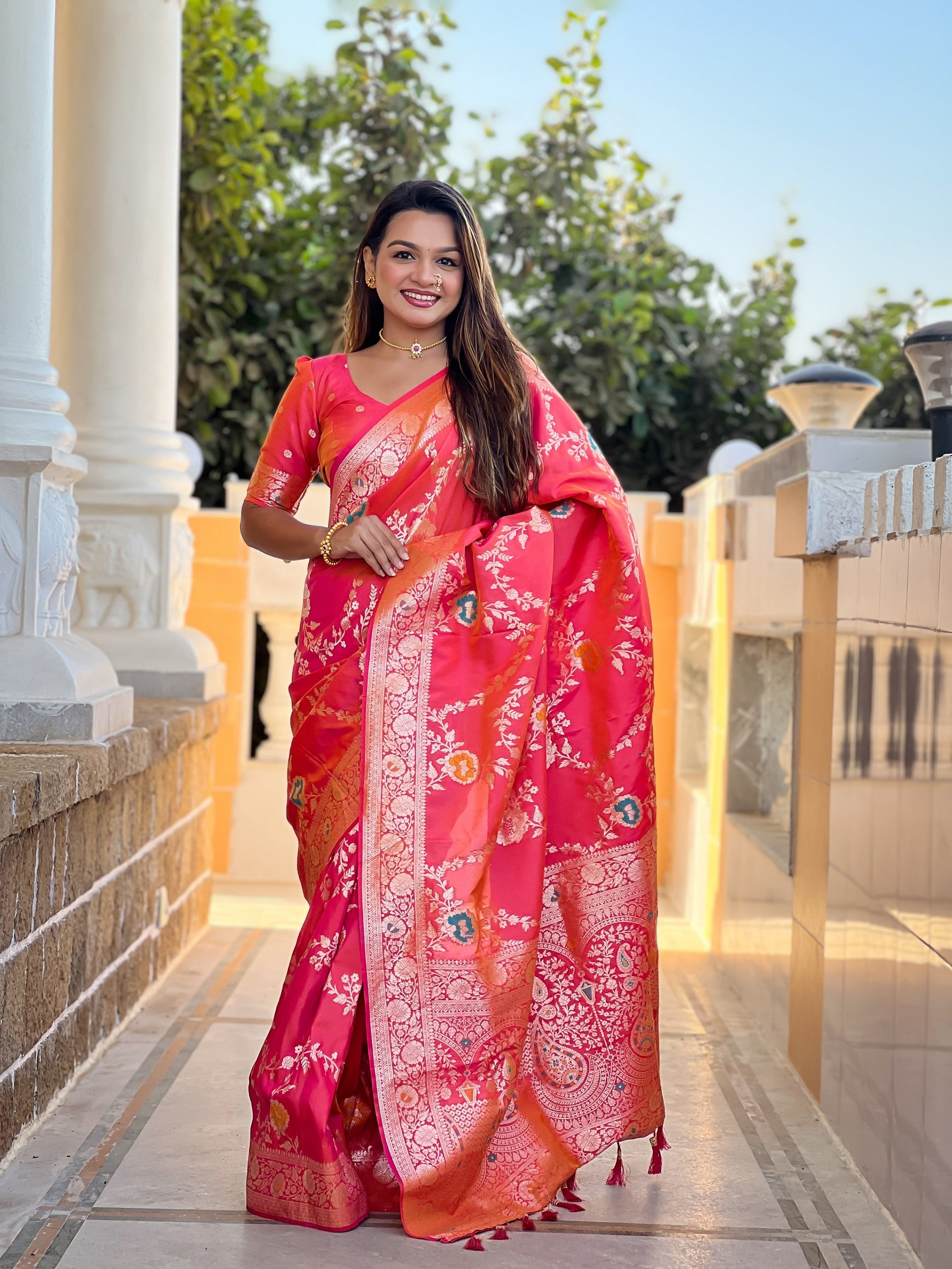 Vedant Vastram Soft Litchi Silk Banarasi Silk Jacquard Saree - Gajri | Grocsy