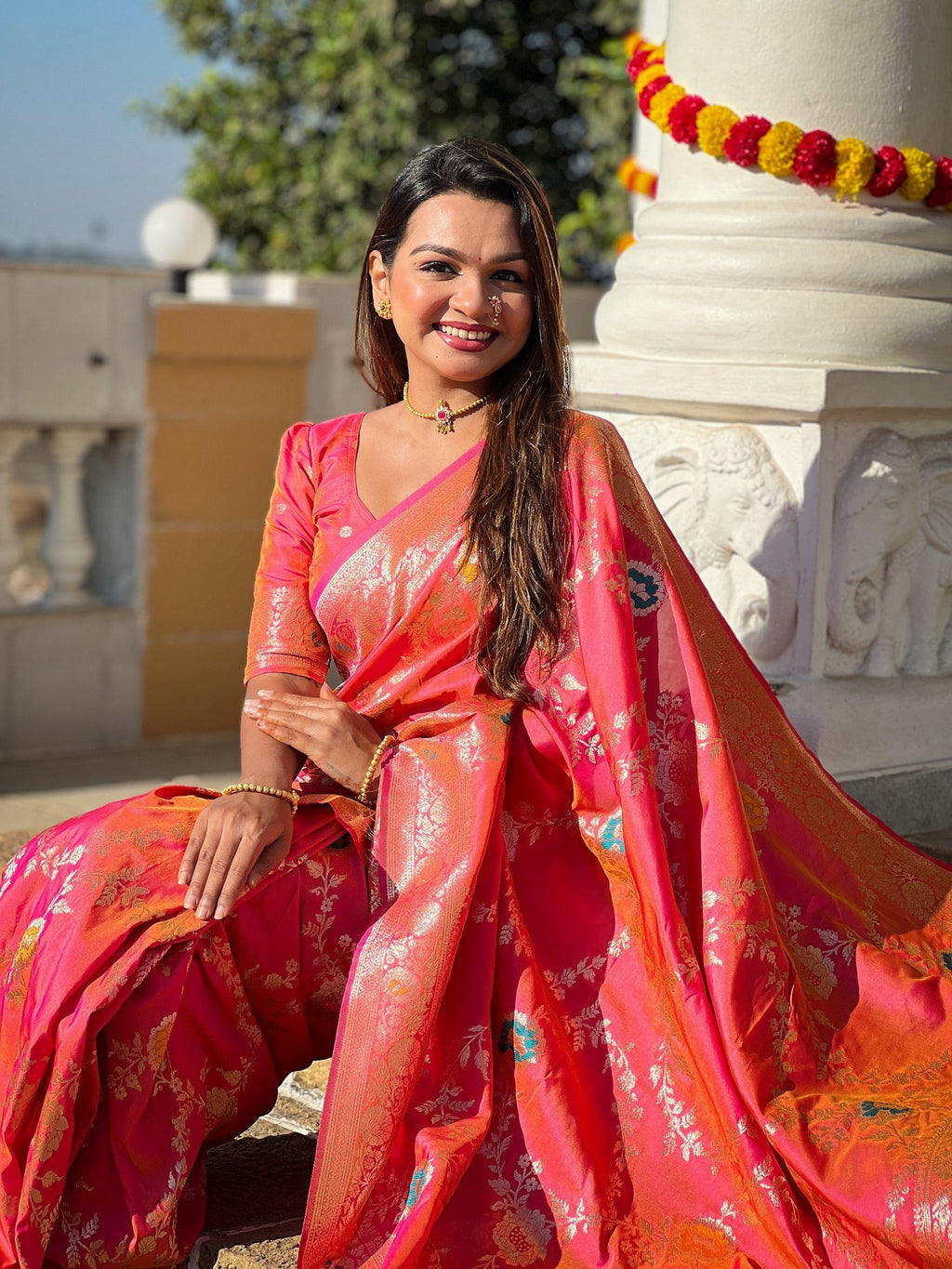 Vedant Vastram Soft Litchi Silk Banarasi Silk Jacquard Saree - Gajri | Grocsy