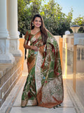 Vedant Vastram Soft Litchi Silk Banarasi Silk Jacquard Saree - Mahendi | Grocsy