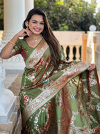 Vedant Vastram Soft Litchi Silk Banarasi Silk Jacquard Saree - Mahendi | Grocsy