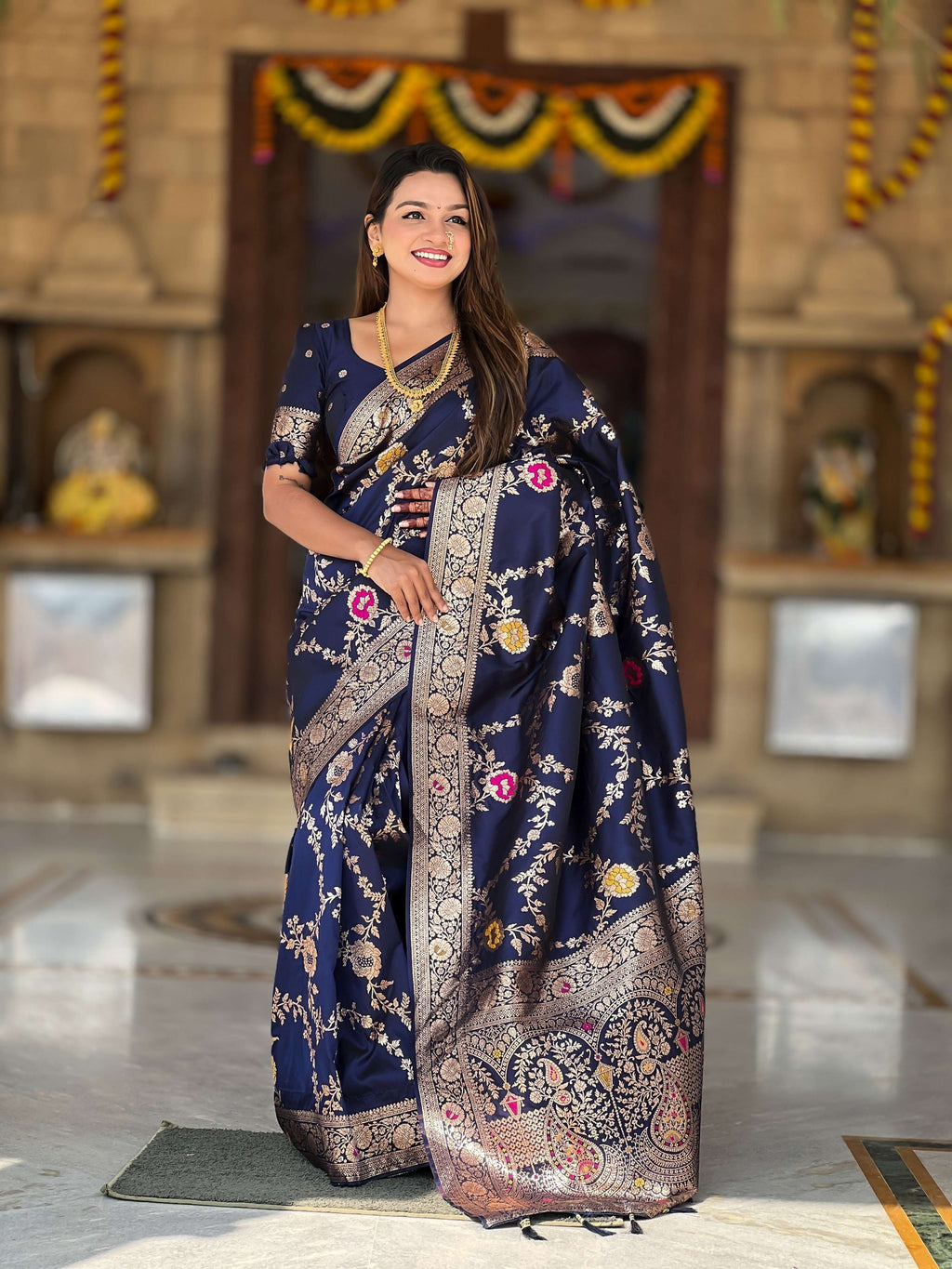 Vedant Vastram Soft Litchi Silk Banarasi Silk Jacquard Saree - Navy Blue | Grocsy