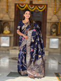 Vedant Vastram Soft Litchi Silk Banarasi Silk Jacquard Saree - Navy Blue | Grocsy