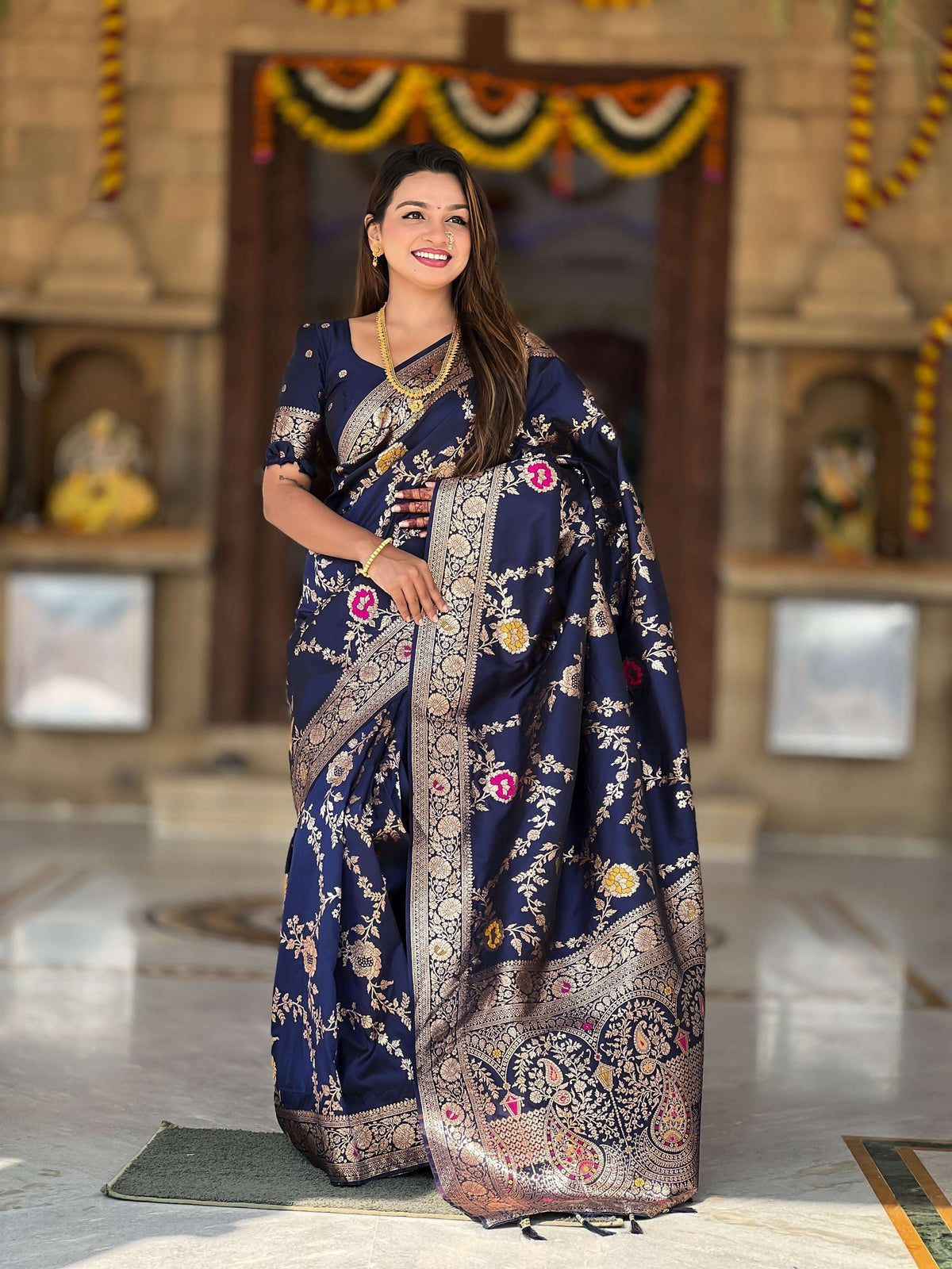 Vedant Vastram Soft Litchi Silk Banarasi Silk Jacquard Saree - Navy Blue | Grocsy