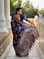 Vedant Vastram Soft Litchi Silk Banarasi Silk Jacquard Saree - Navy Blue | Grocsy