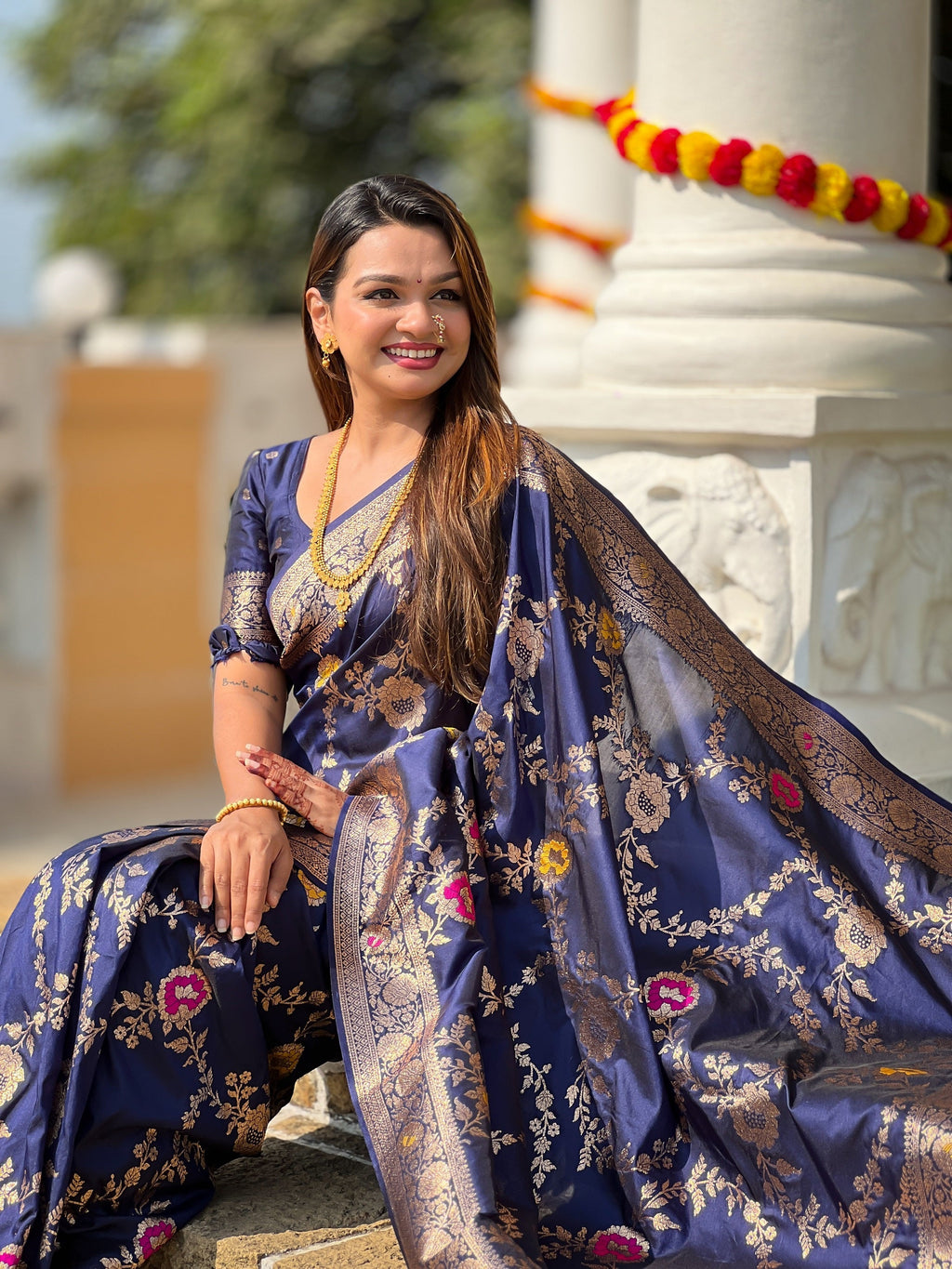 Vedant Vastram Soft Litchi Silk Banarasi Silk Jacquard Saree - Navy Blue | Grocsy