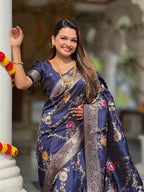 Vedant Vastram Soft Litchi Silk Banarasi Silk Jacquard Saree - Navy Blue | Grocsy