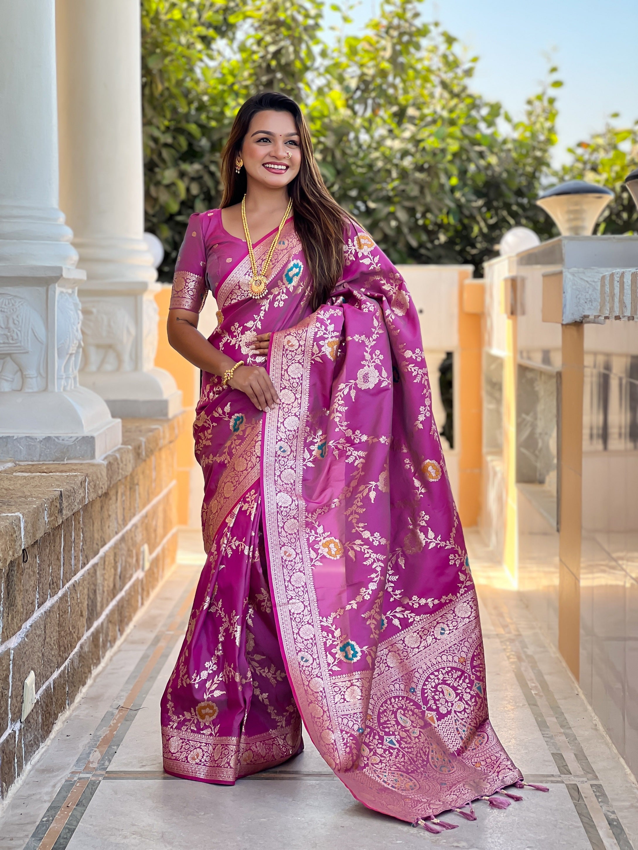 Vedant Vastram Soft Litchi Silk Banarasi Silk Jacquard Saree - Purple | Grocsy