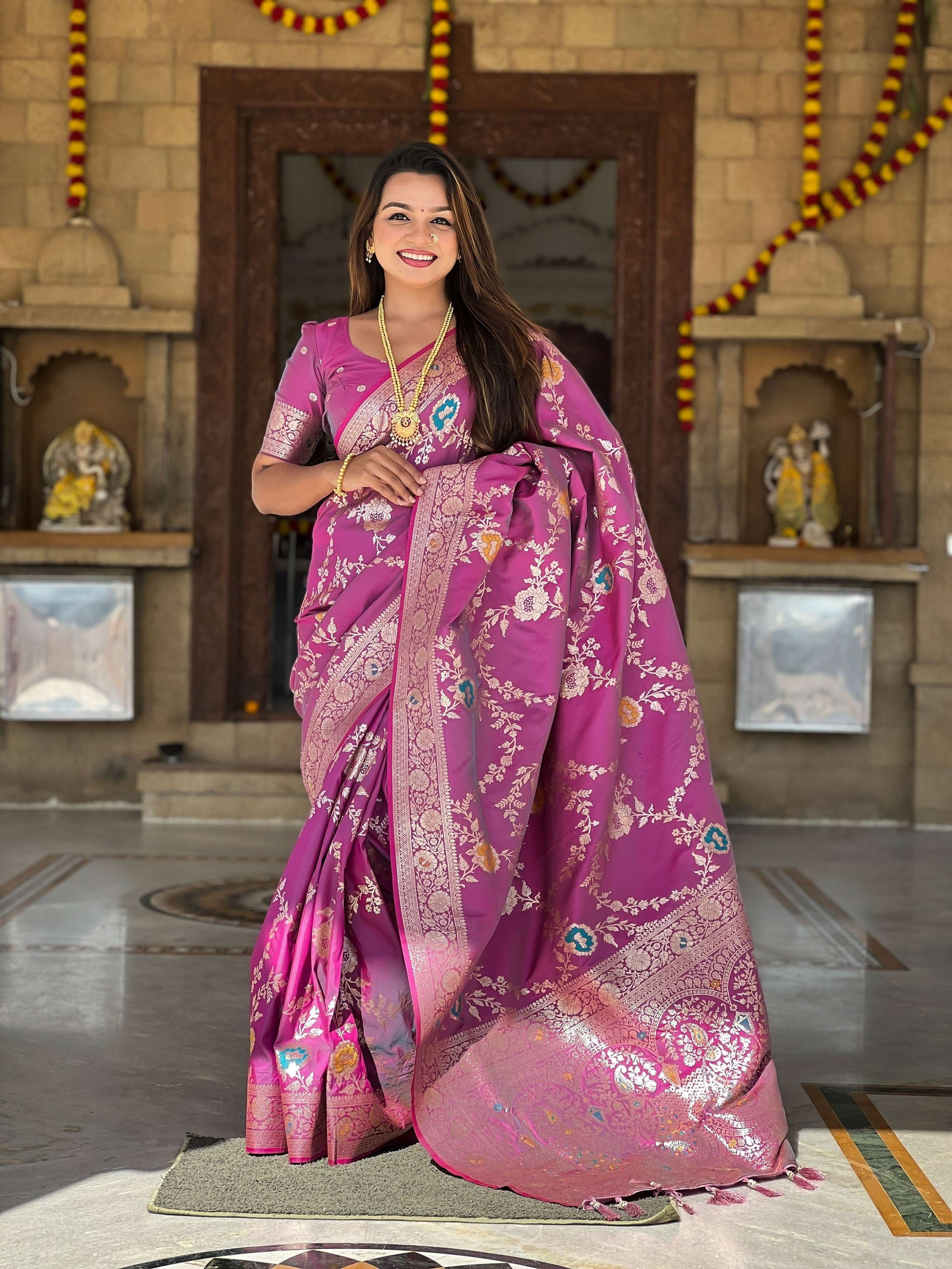 Vedant Vastram Soft Litchi Silk Banarasi Silk Jacquard Saree - Purple | Grocsy