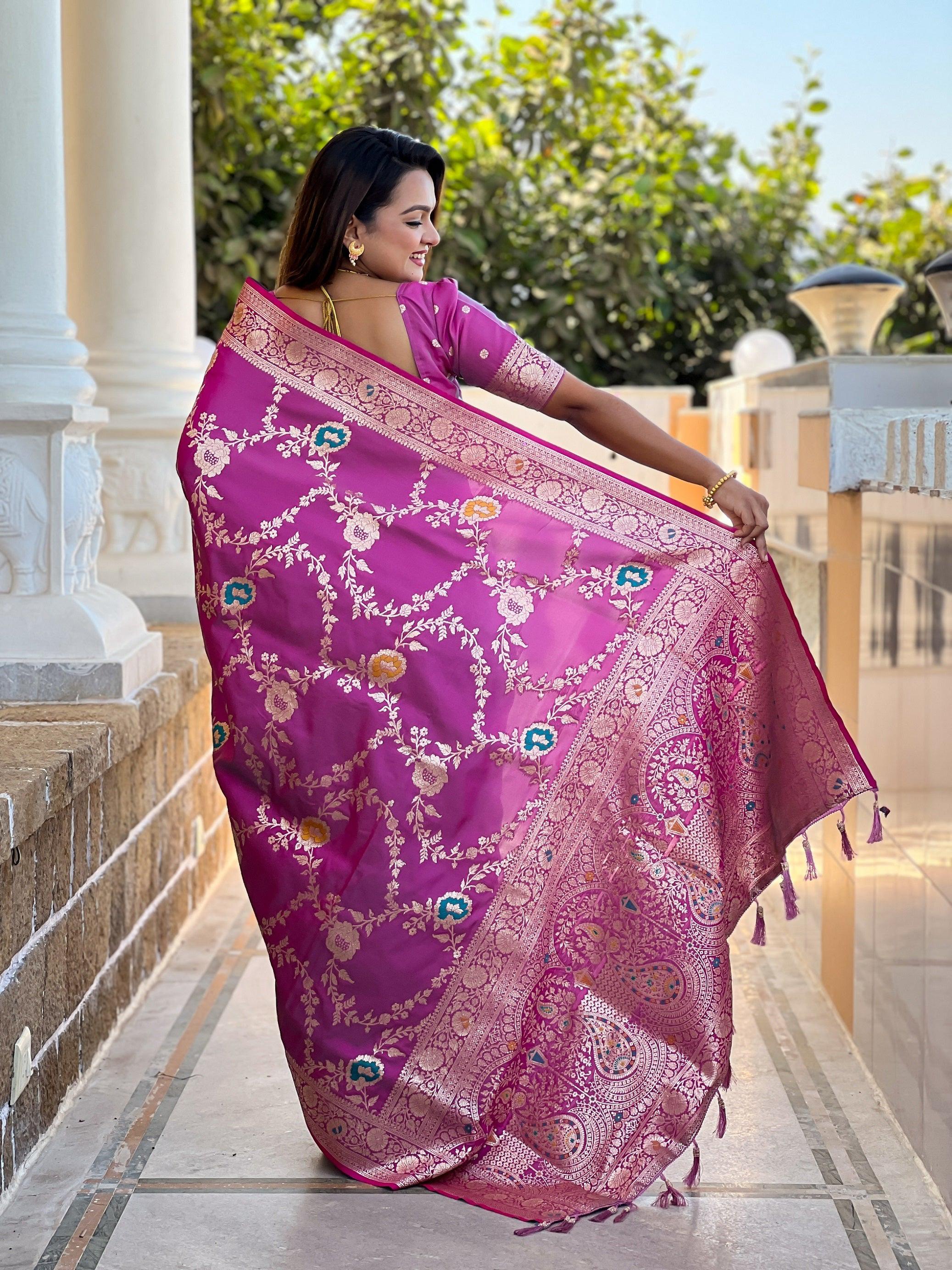 Vedant Vastram Soft Litchi Silk Banarasi Silk Jacquard Saree - Purple | Grocsy