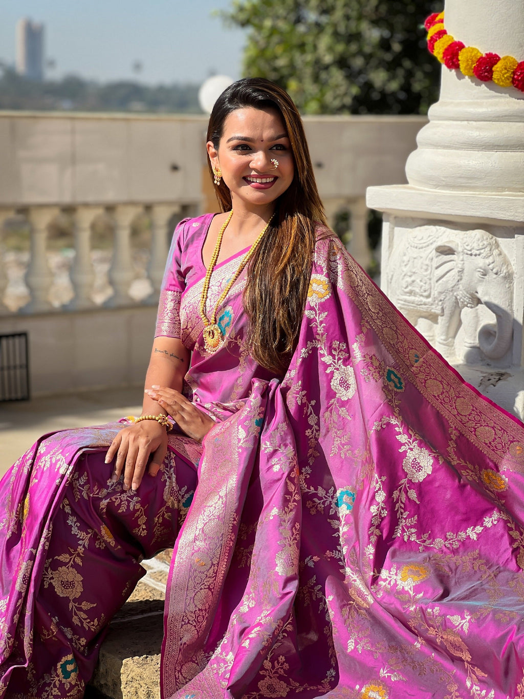 Vedant Vastram Soft Litchi Silk Banarasi Silk Jacquard Saree - Purple | Grocsy
