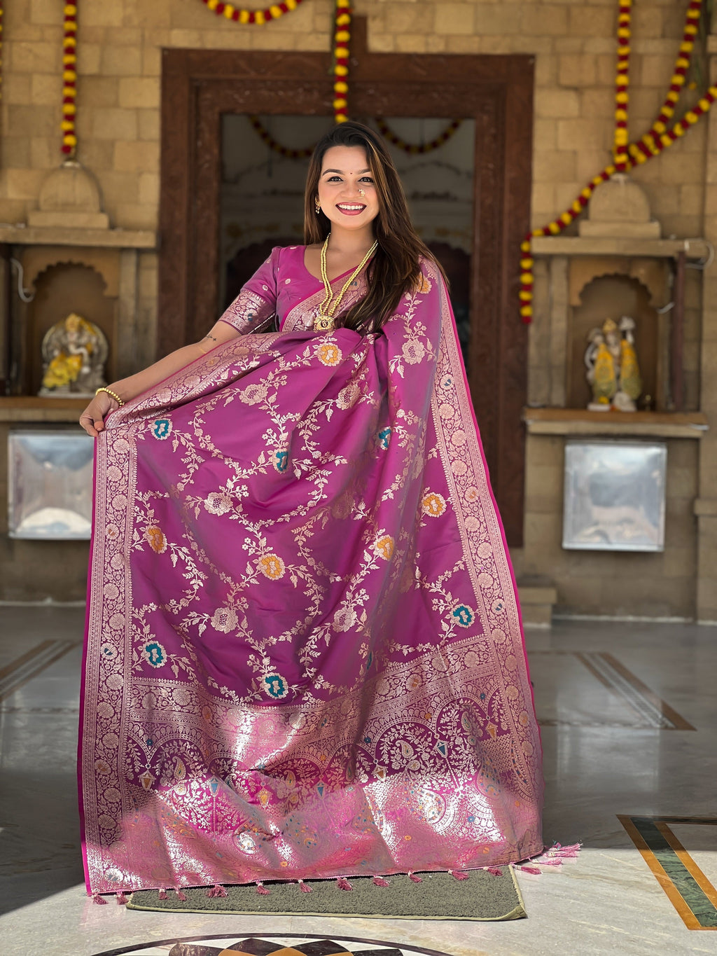 Vedant Vastram Soft Litchi Silk Banarasi Silk Jacquard Saree - Purple | Grocsy