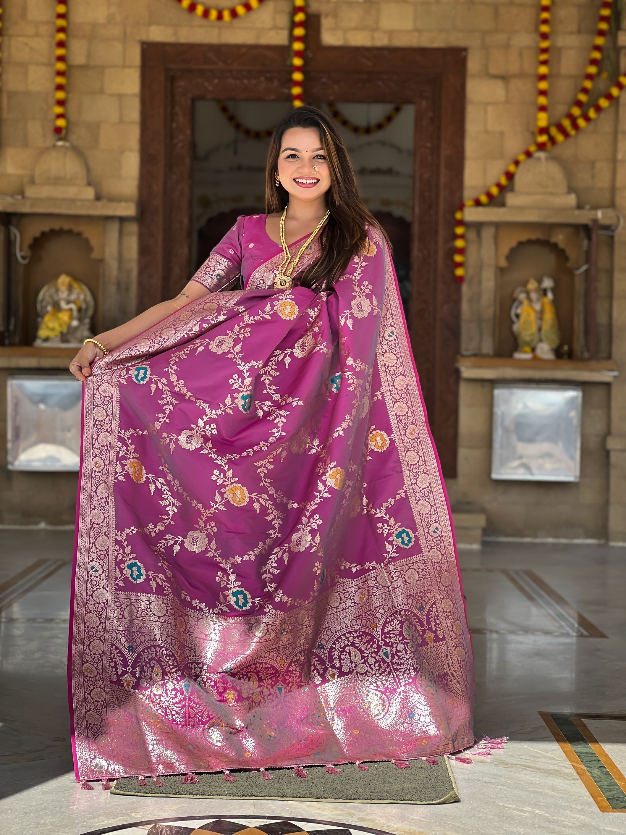 Vedant Vastram Soft Litchi Silk Banarasi Silk Jacquard Saree - Purple | Grocsy