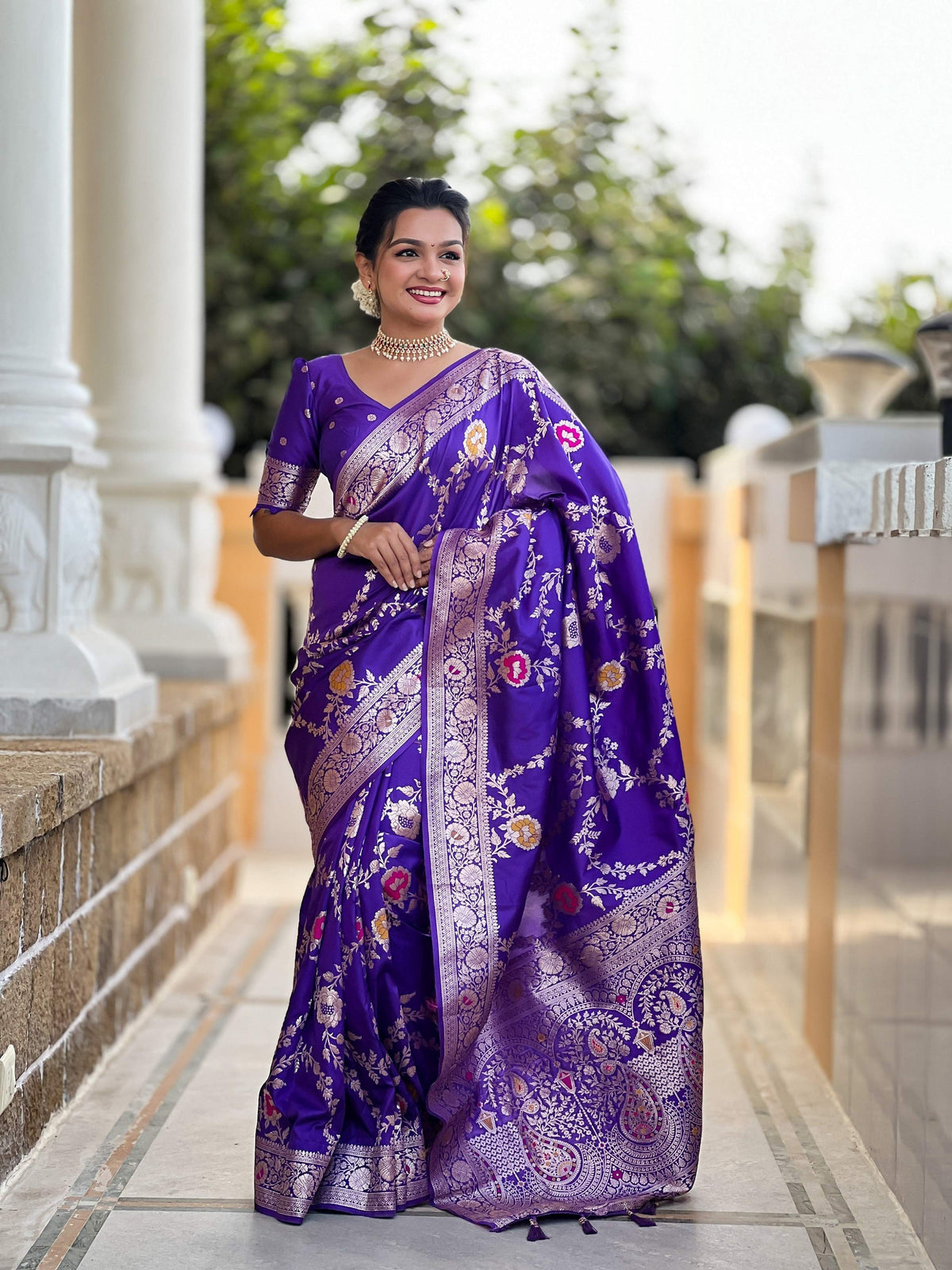 Vedant Vastram Soft Litchi Silk Banarasi Silk Jacquard Saree - Violet | Grocsy