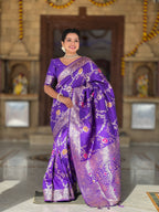 Vedant Vastram Soft Litchi Silk Banarasi Silk Jacquard Saree - Violet | Grocsy