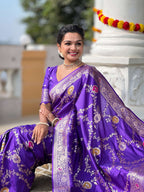 Vedant Vastram Soft Litchi Silk Banarasi Silk Jacquard Saree - Violet | Grocsy