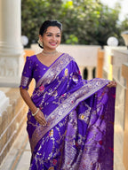 Vedant Vastram Soft Litchi Silk Banarasi Silk Jacquard Saree - Violet | Grocsy