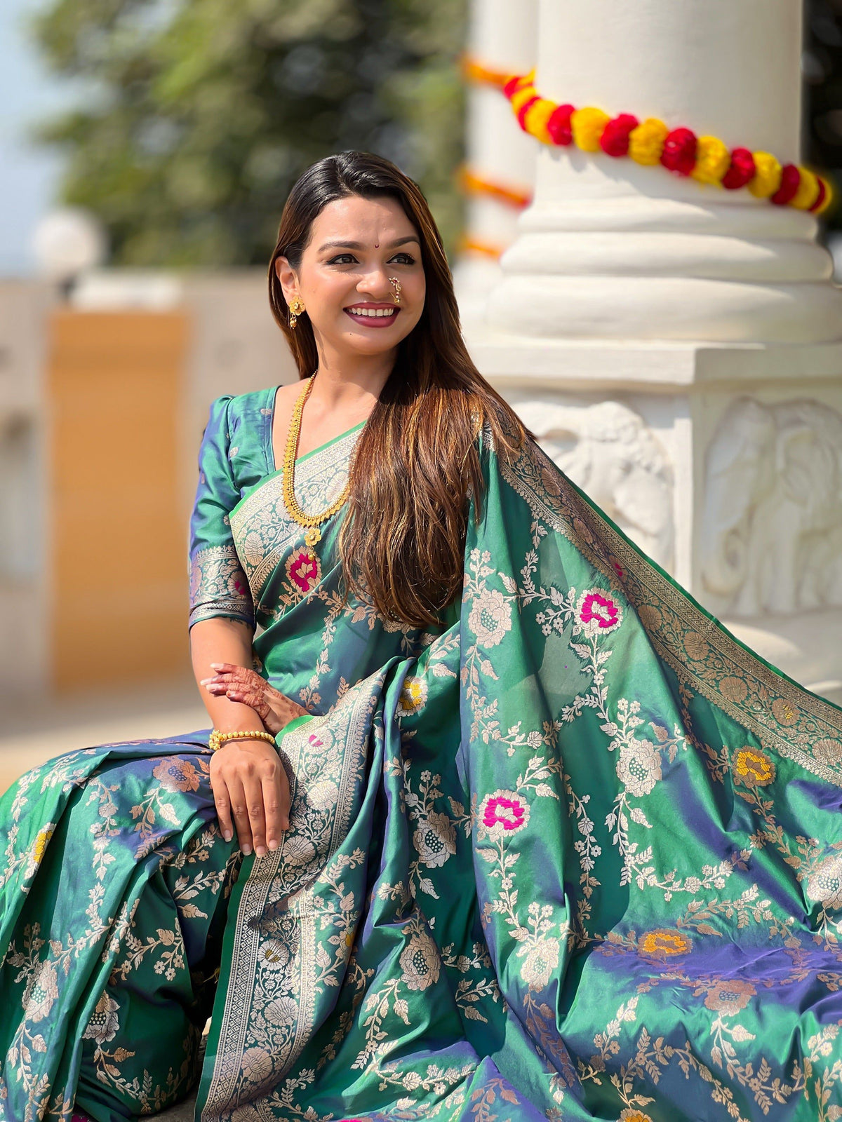 Vedant Vastram Soft Litchi Silk Banarasi Silk Jacquard Saree - Rama | Grocsy