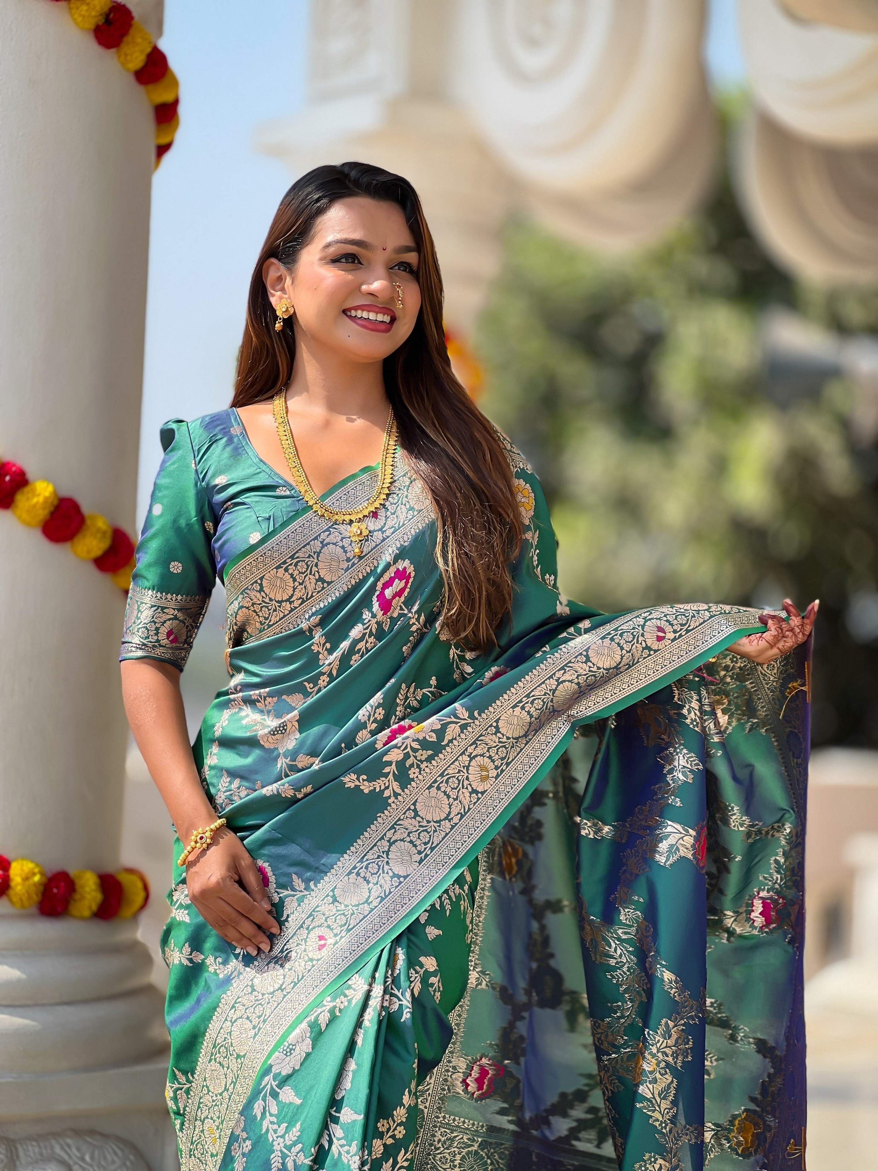 Vedant Vastram Soft Litchi Silk Banarasi Silk Jacquard Saree - Rama | Grocsy