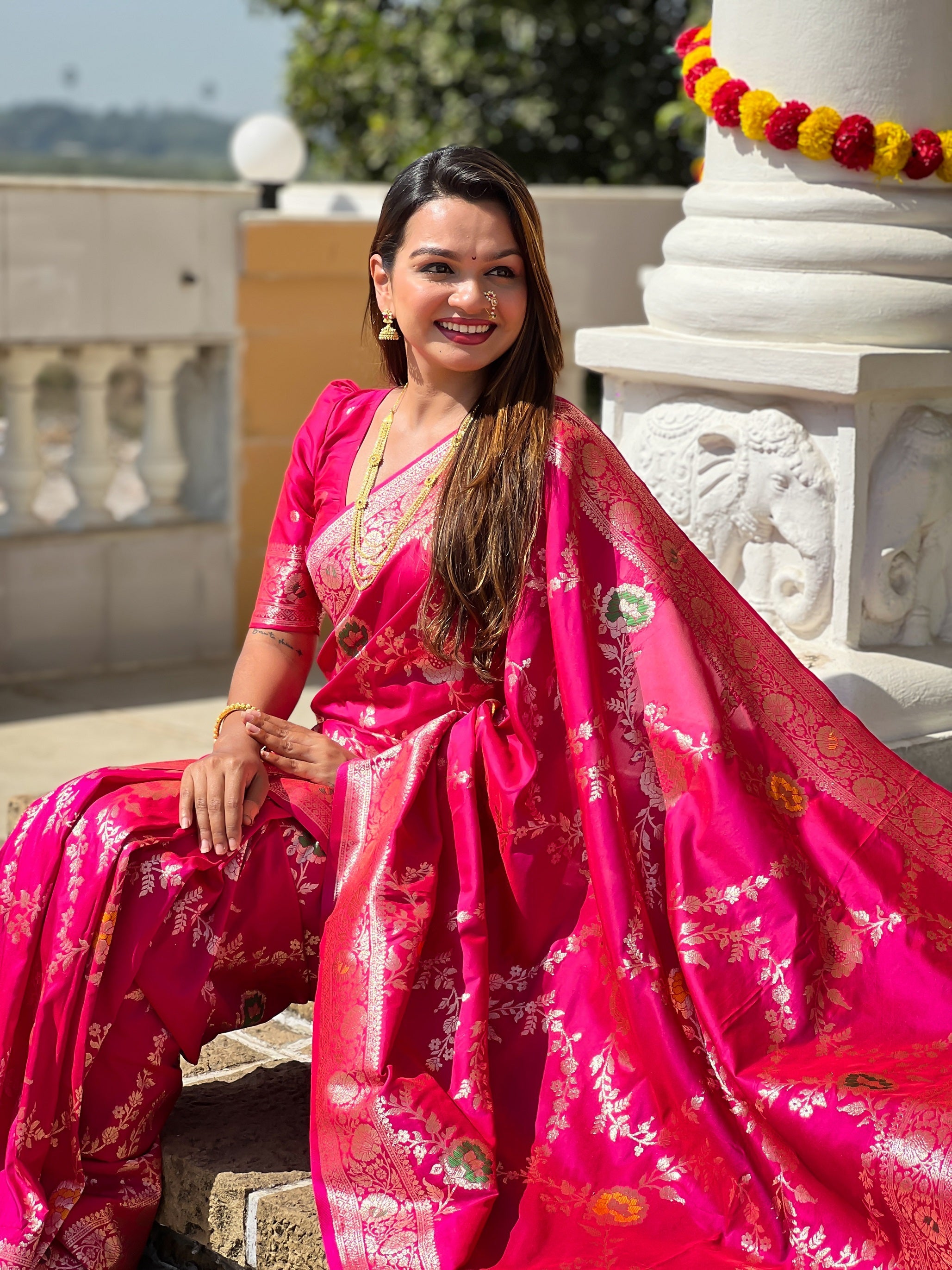 Vedant Vastram Soft Litchi Silk Banarasi Silk Jacquard Saree - Rani | Grocsy