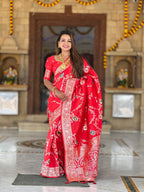 Vedant Vastram Soft Litchi Silk Banarasi Silk Jacquard Saree - Red | Grocsy