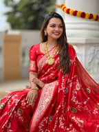 Vedant Vastram Soft Litchi Silk Banarasi Silk Jacquard Saree - Red | Grocsy