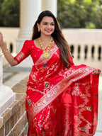 Vedant Vastram Soft Litchi Silk Banarasi Silk Jacquard Saree - Red | Grocsy