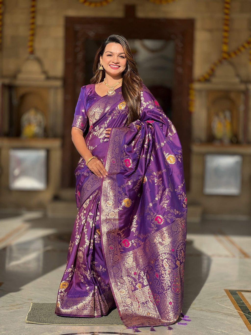 Vedant Vastram Soft Litchi Silk Banarasi Silk Jacquard Saree - Wine | Grocsy