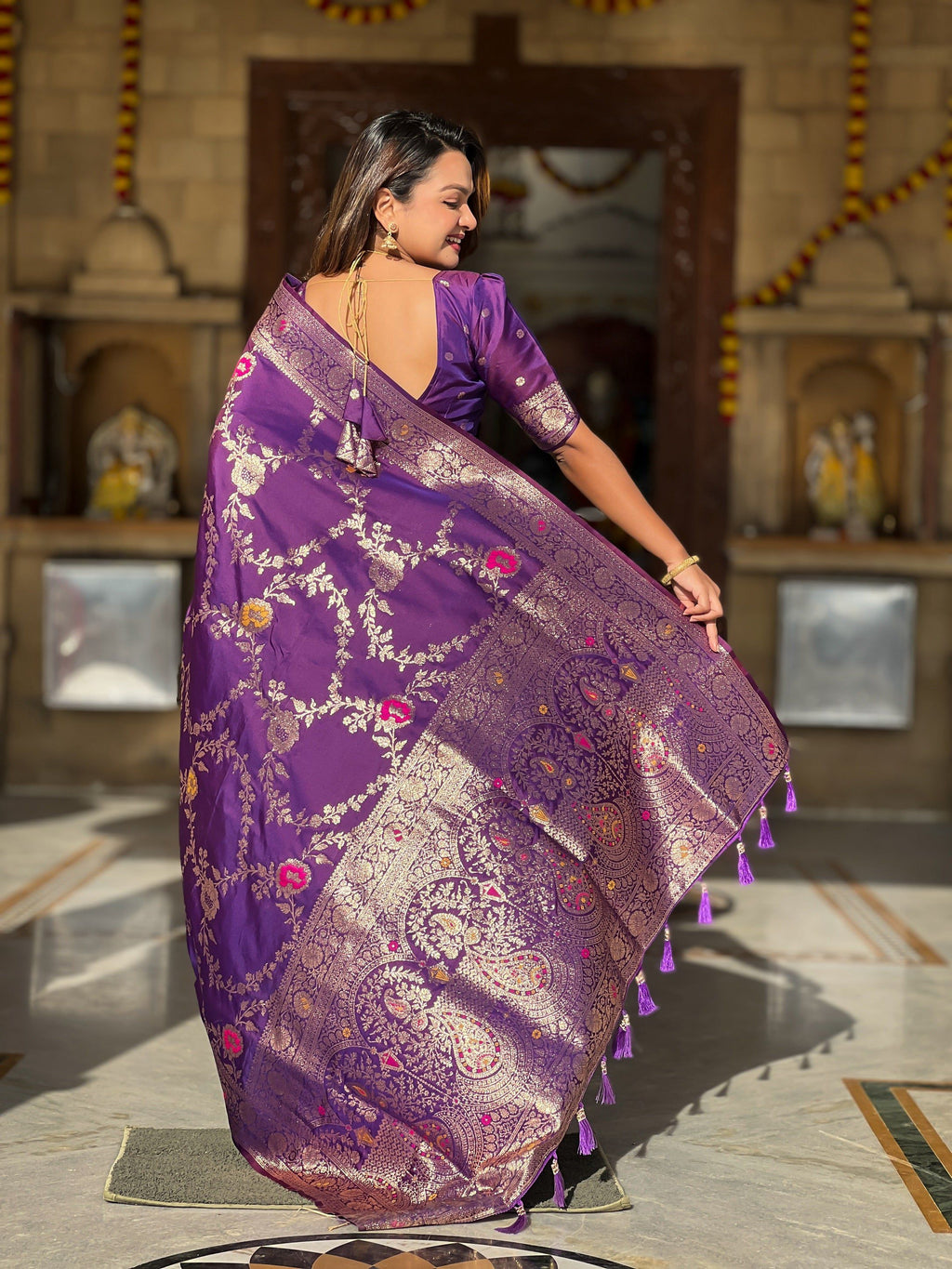 Vedant Vastram Soft Litchi Silk Banarasi Silk Jacquard Saree - Wine | Grocsy