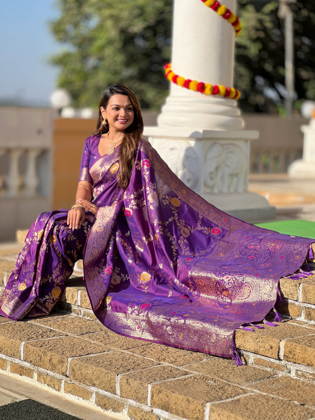 Vedant Vastram Soft Litchi Silk Banarasi Silk Jacquard Saree - Wine | Grocsy