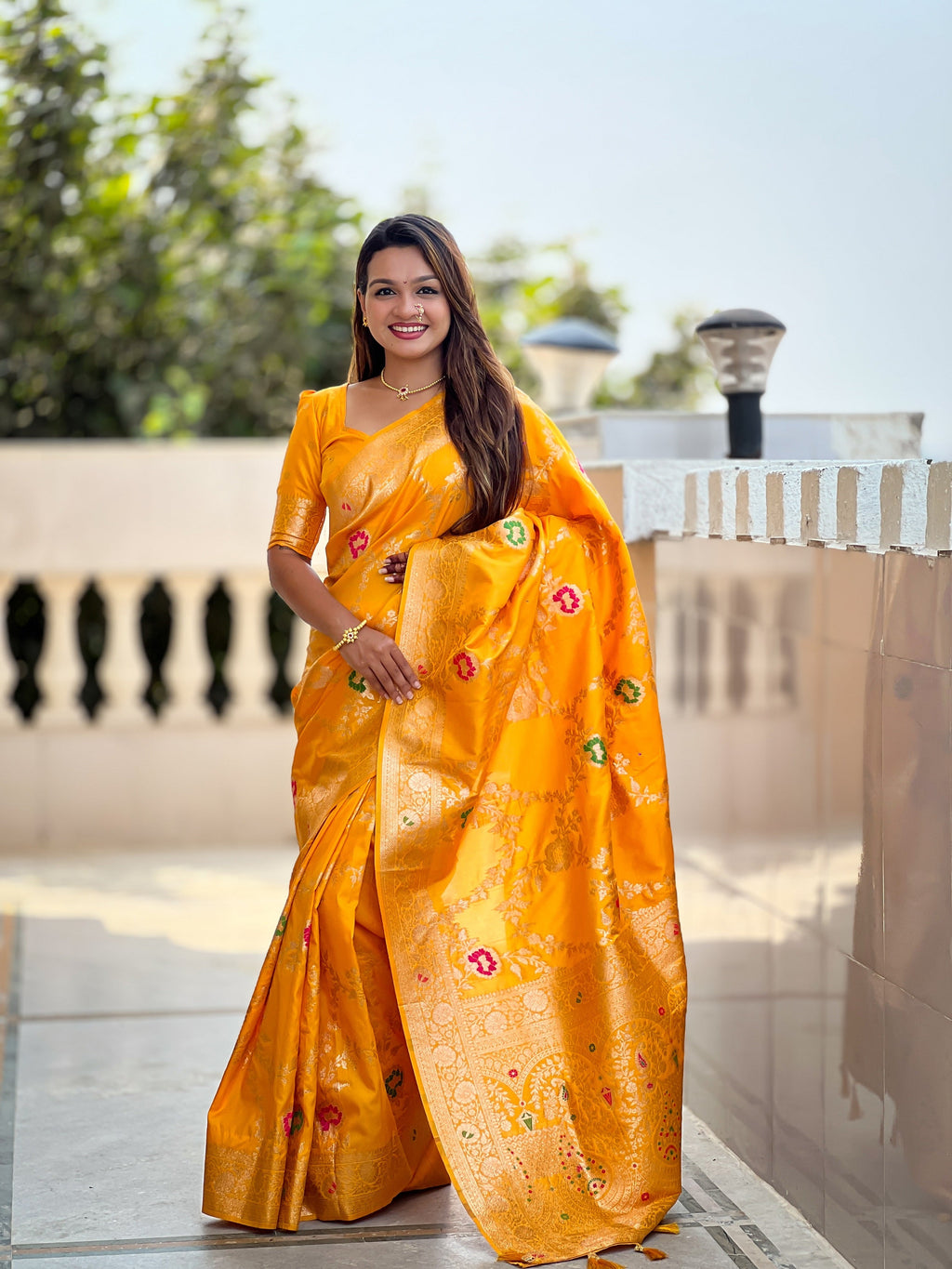 Vedant Vastram Soft Litchi Silk Banarasi Silk Jacquard Saree - Yellow | Grocsy