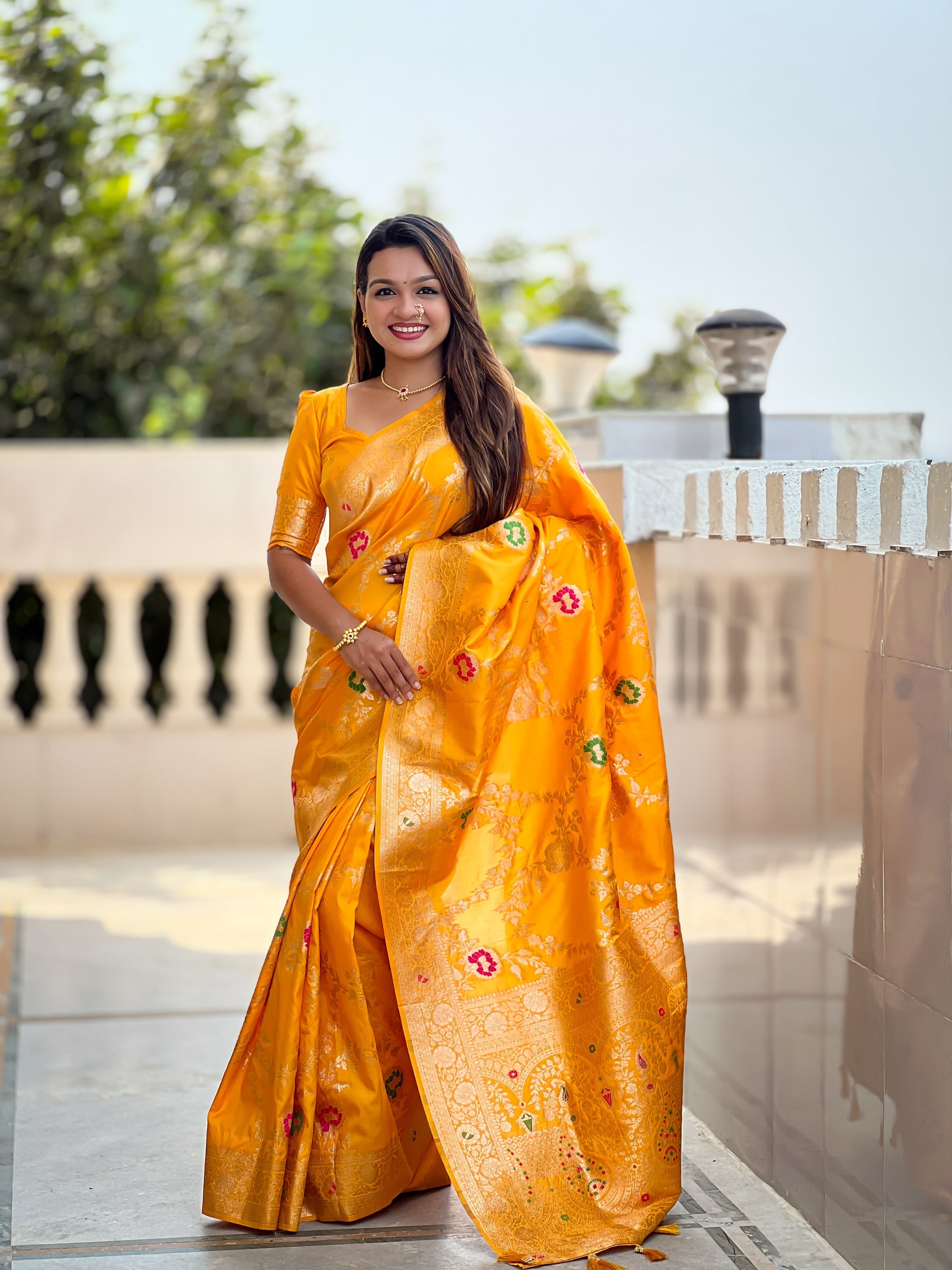 Vedant Vastram Soft Litchi Silk Banarasi Silk Jacquard Saree - Yellow | Grocsy