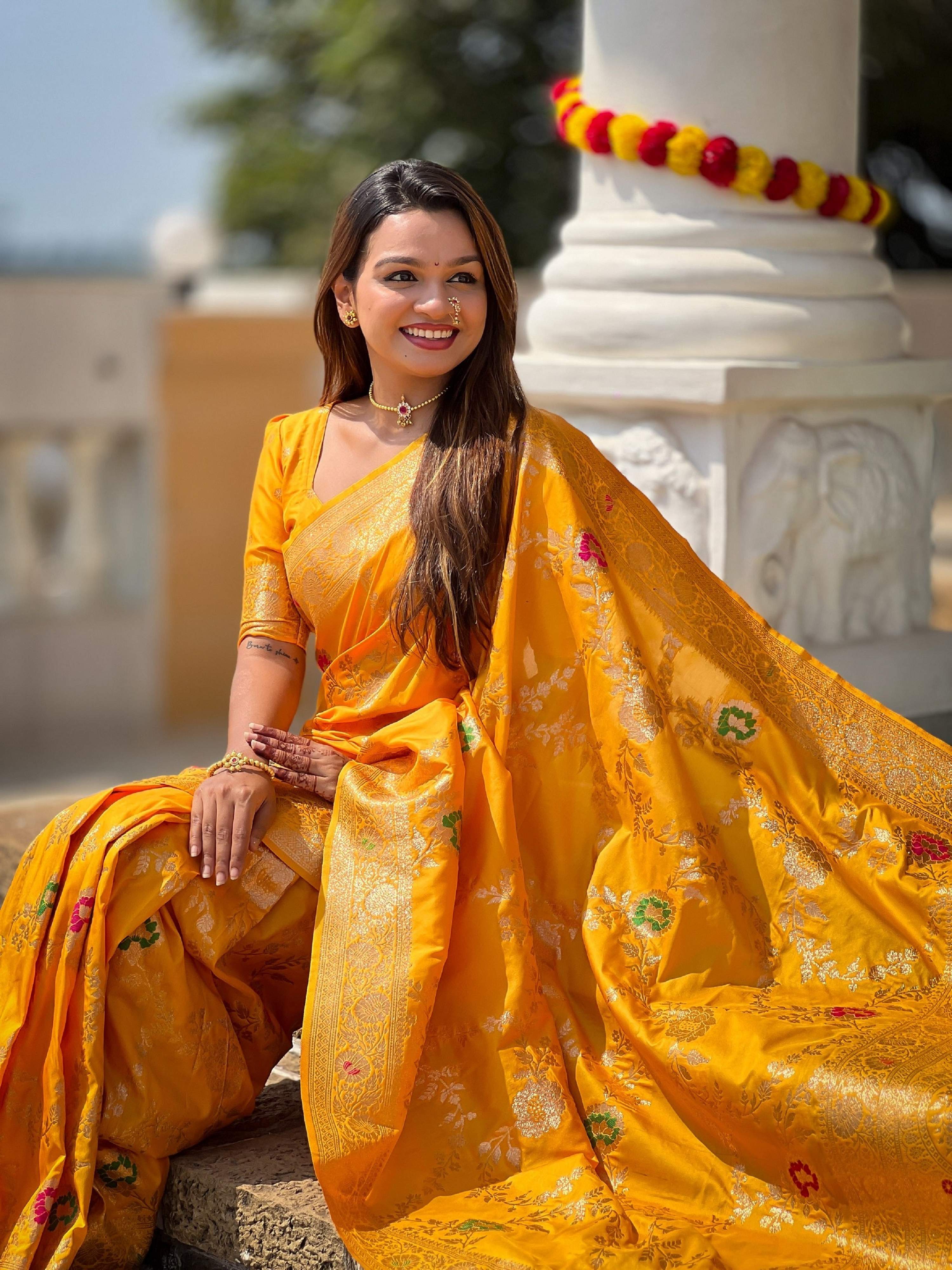 Vedant Vastram Soft Litchi Silk Banarasi Silk Jacquard Saree - Yellow | Grocsy