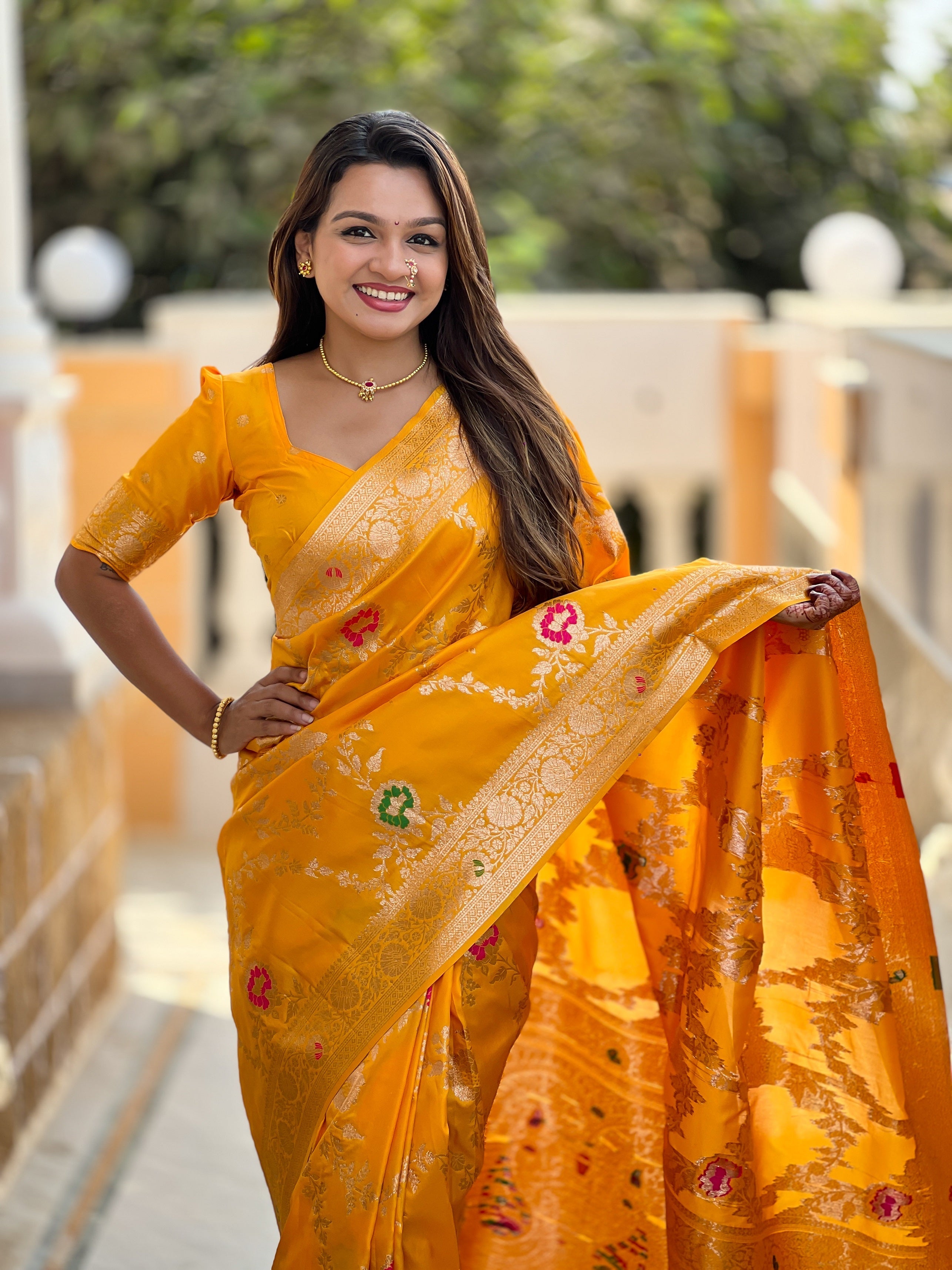 Vedant Vastram Soft Litchi Silk Banarasi Silk Jacquard Saree - Yellow | Grocsy