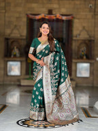 Vedant Vastram Soft Litchi Silk Banarasi Silk Jacquard Saree - Green | Grocsy