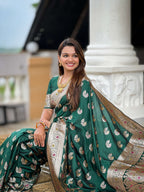 Vedant Vastram Soft Litchi Silk Banarasi Silk Jacquard Saree - Green | Grocsy