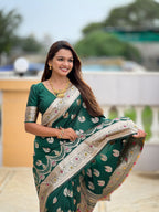 Vedant Vastram Soft Litchi Silk Banarasi Silk Jacquard Saree - Green | Grocsy